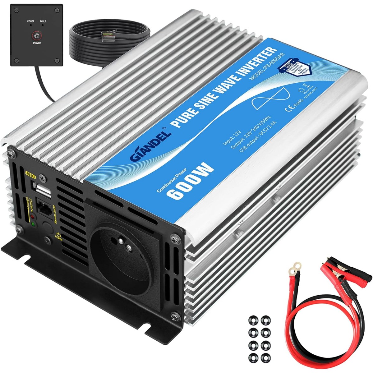 Convertisseur Pur Sinus 600W 12V DC à 230V AC avec USB