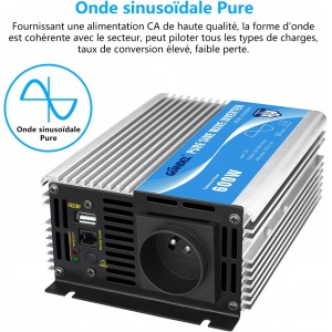 Convertisseur Pur Sinus 600W 12V DC à 230V AC avec USB